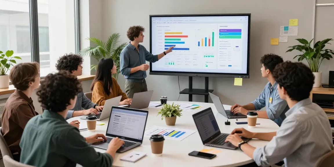 Building internal tools with AI in a collaborative office scene featuring diverse professionals, laptops, and digital displays.