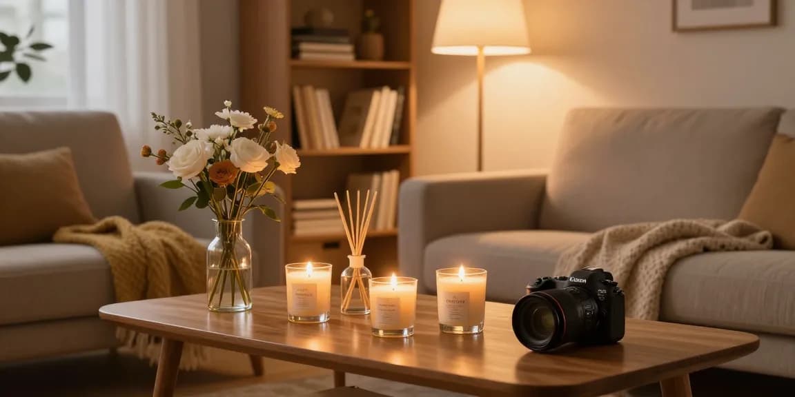 Scented Candles and Diffusers beautifully arranged in a cozy living room, creating a warm and inviting ambiance.