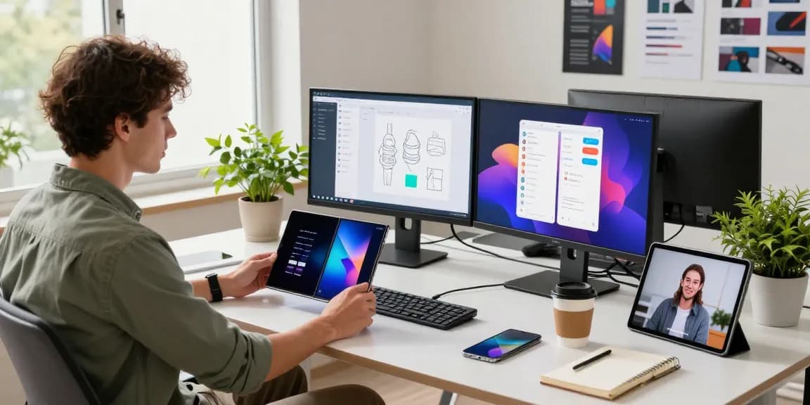 Samsung Galaxy Z TriFold displayed in a modern tech office, showcasing innovative mobile technology.