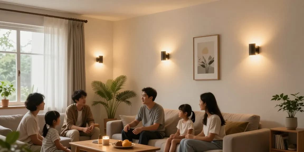 Aplice LED moderne iluminând un living confortabil, creând o atmosferă caldă și invitantă.