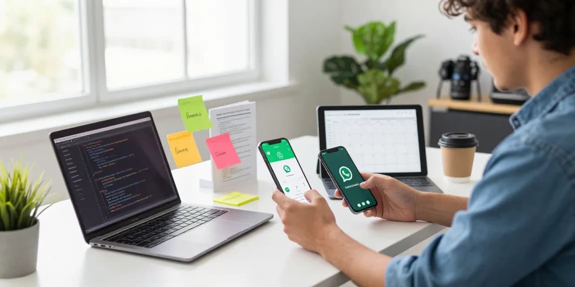 WhatsApp下載 setup in a modern workspace with devices and vibrant decor.