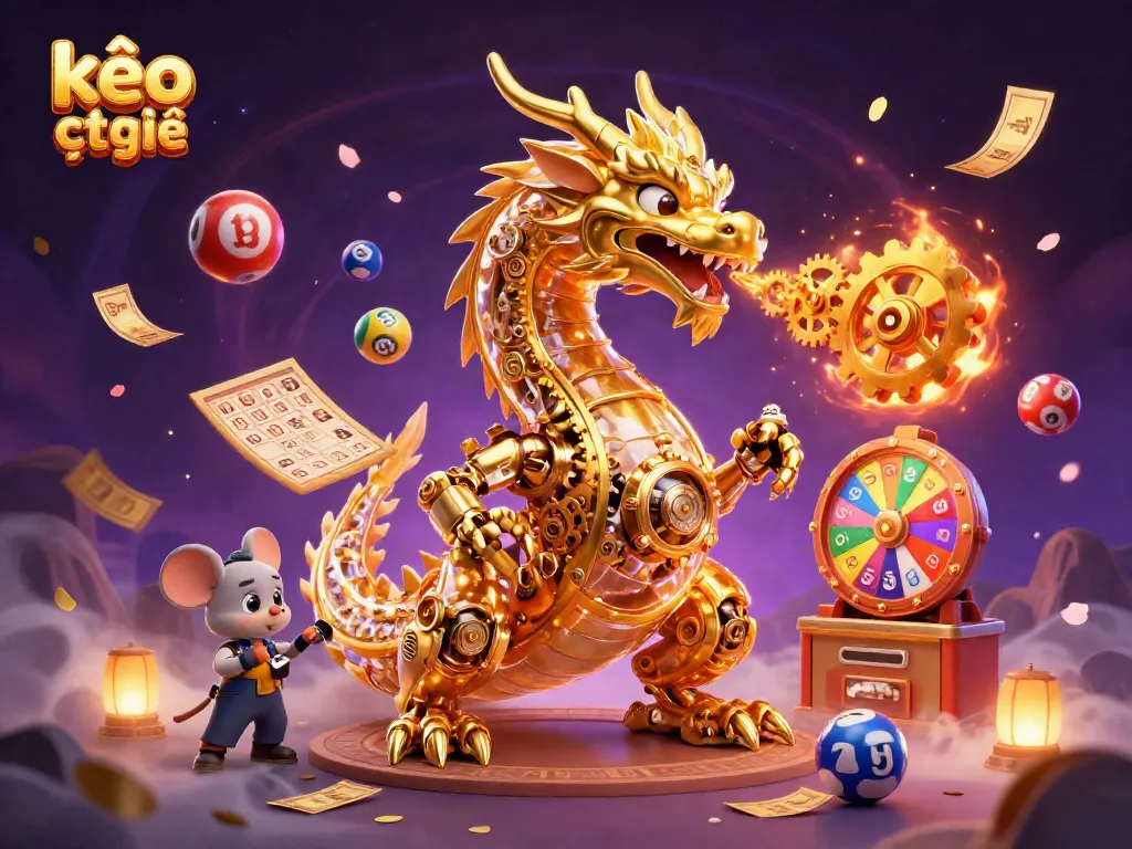 Engage with kèo trực tuyến as a golden dragon breathes luck amidst vibrant lottery balls.
