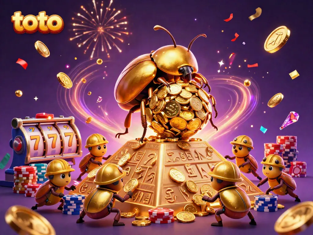 Engaging scene of a giant golden dung beetle named toto rolling coins, showcasing a casino theme.