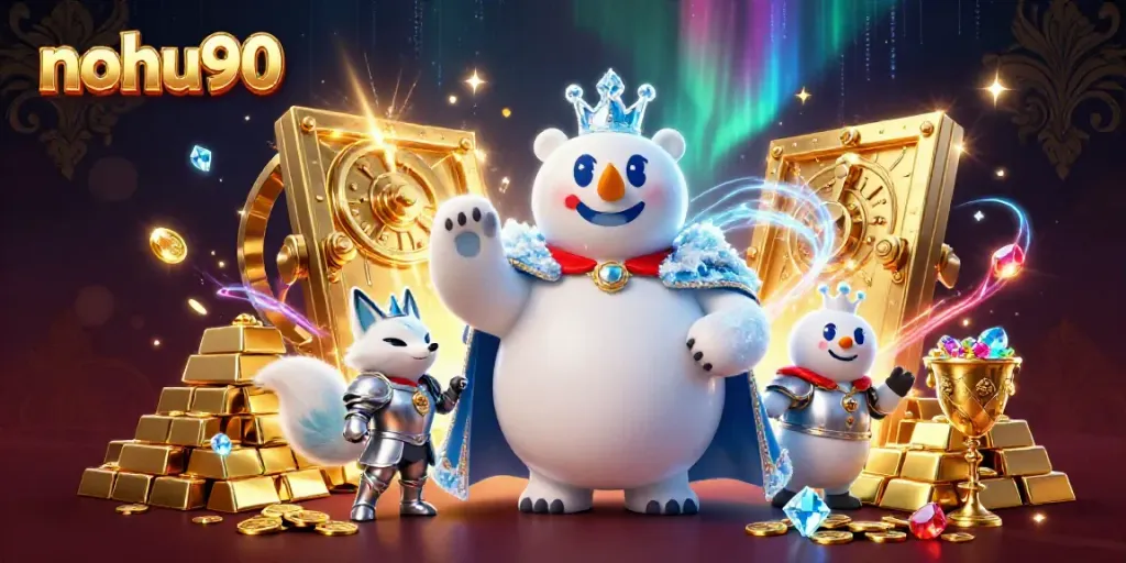 Engage with nohu90's vibrant online casino experience featuring a majestic polar bear and treasures.