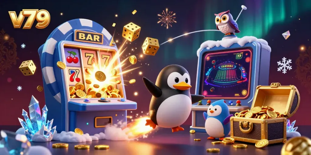 Experience thrilling gameplay with v79 as the golden penguin blasts toward a jackpot-filled casino in space.