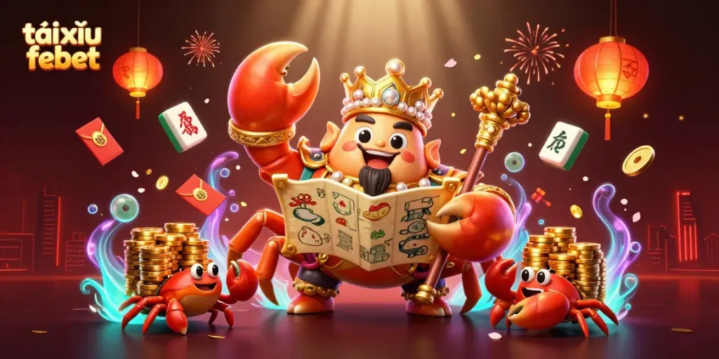 Experience the excitement of tài xỉu febet with a vibrant 3D scene featuring a golden crab emperor and treasure symbols.