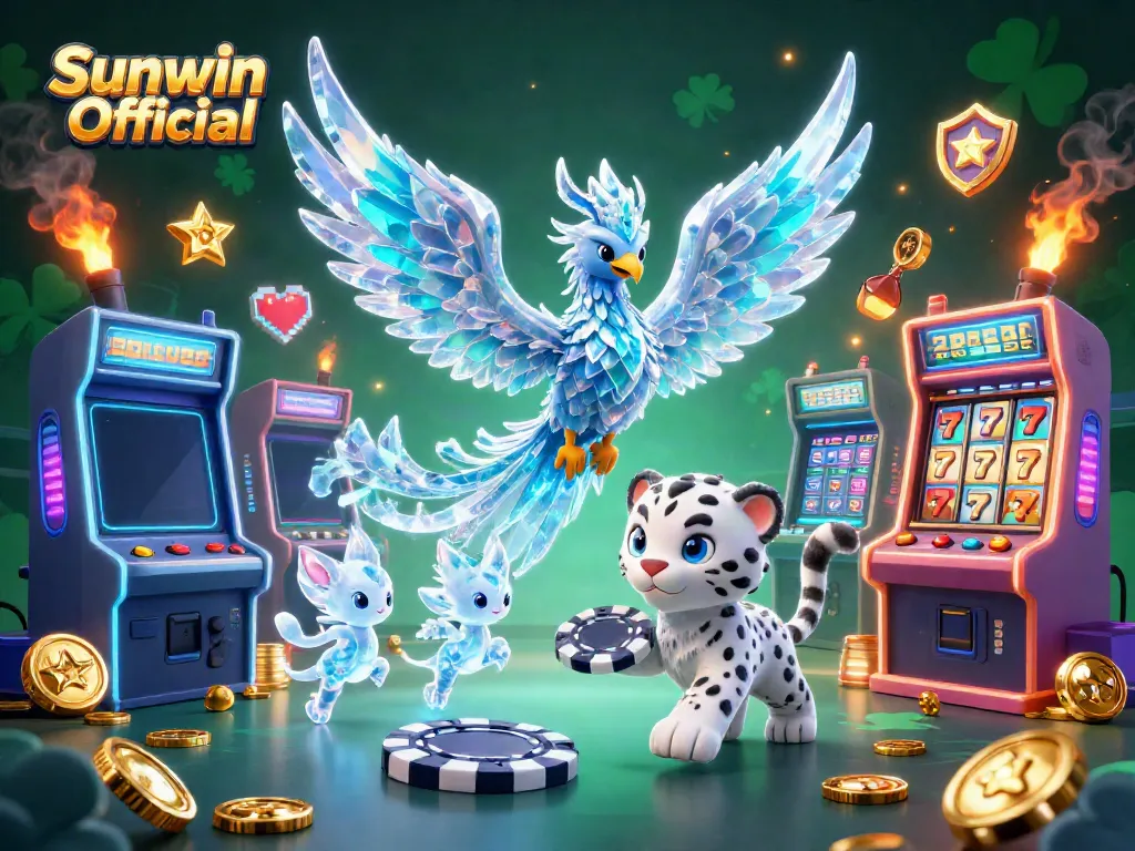 Experience the excitement of Sunwin Official with a lively illustration of an ice phoenix, snow leopard, and fun casino elements.