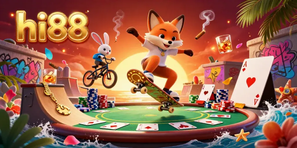 Join "hi88" with a skateboarder fox and BMX rabbit in a vibrant casino-themed illustration.