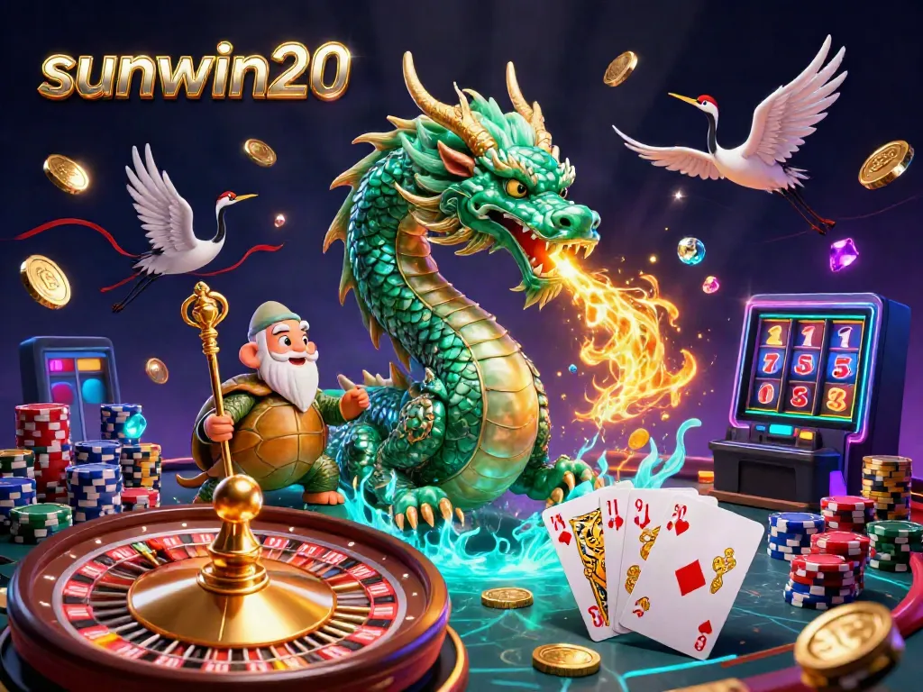 Experience thrilling wins at sunwin20 with a glowing jade dragon, vibrant casino elements, and lucky cranes.