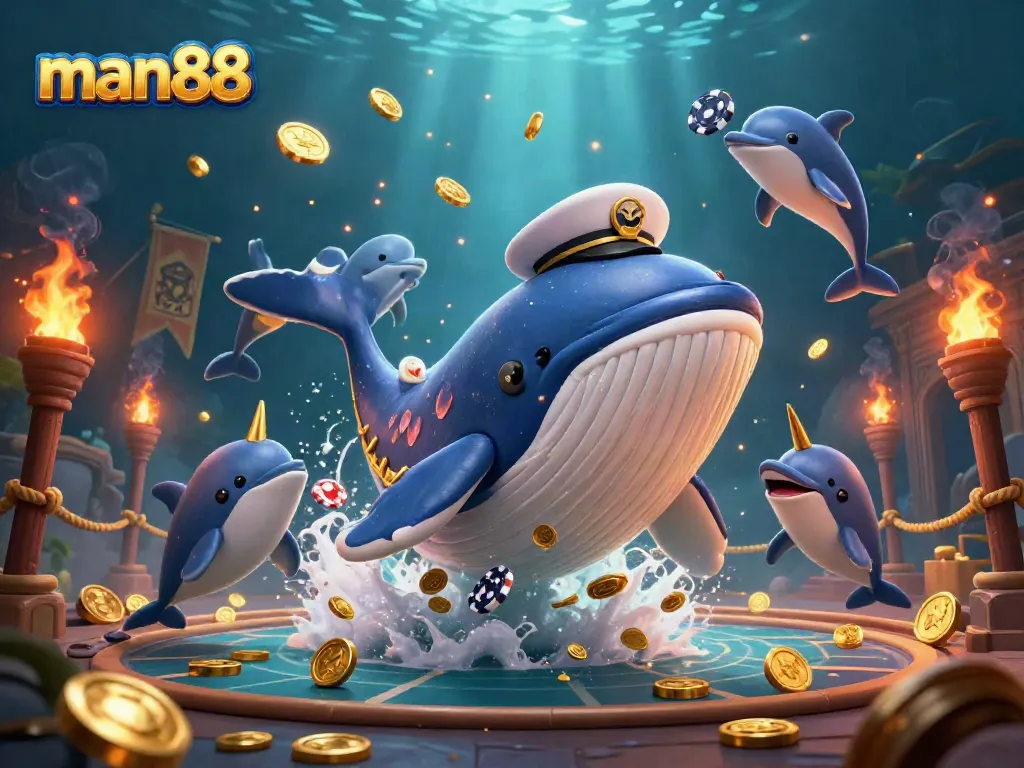 Experience big wins at man88 with a vibrant sea of coins and playful characters in this captivating casino scene.