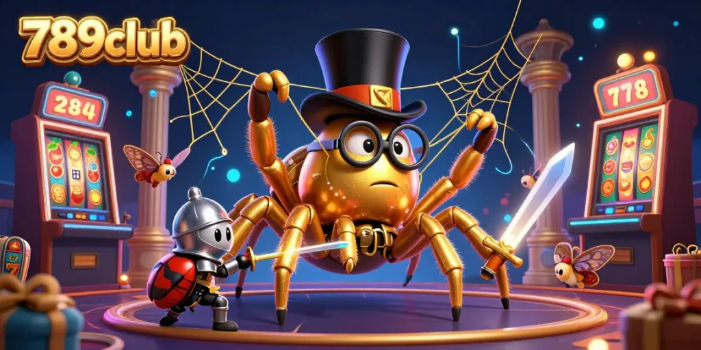 The 789club logo shines as a giant golden tarantula and a beetle knight weave a web, showcasing a vibrant casino scene.