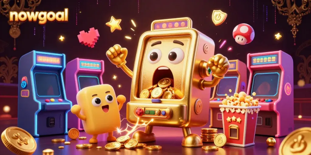 Experience the excitement of nowgoal as slot machines hit jackpots and coins rain down in this colorful casino illustration.