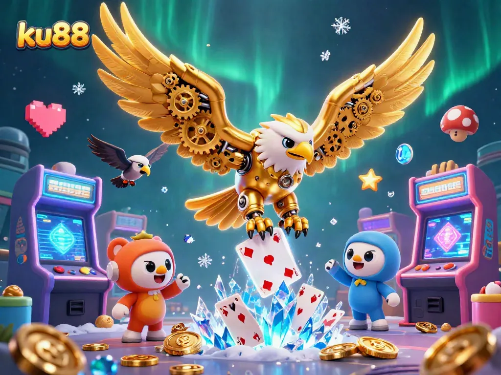 Engage with ku88 through vibrant casino experiences as the golden eagle soars amid colorful casino elements.