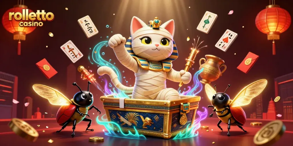 Experience excitement at rolletto casino with a mummy cat and vibrant gambling elements.