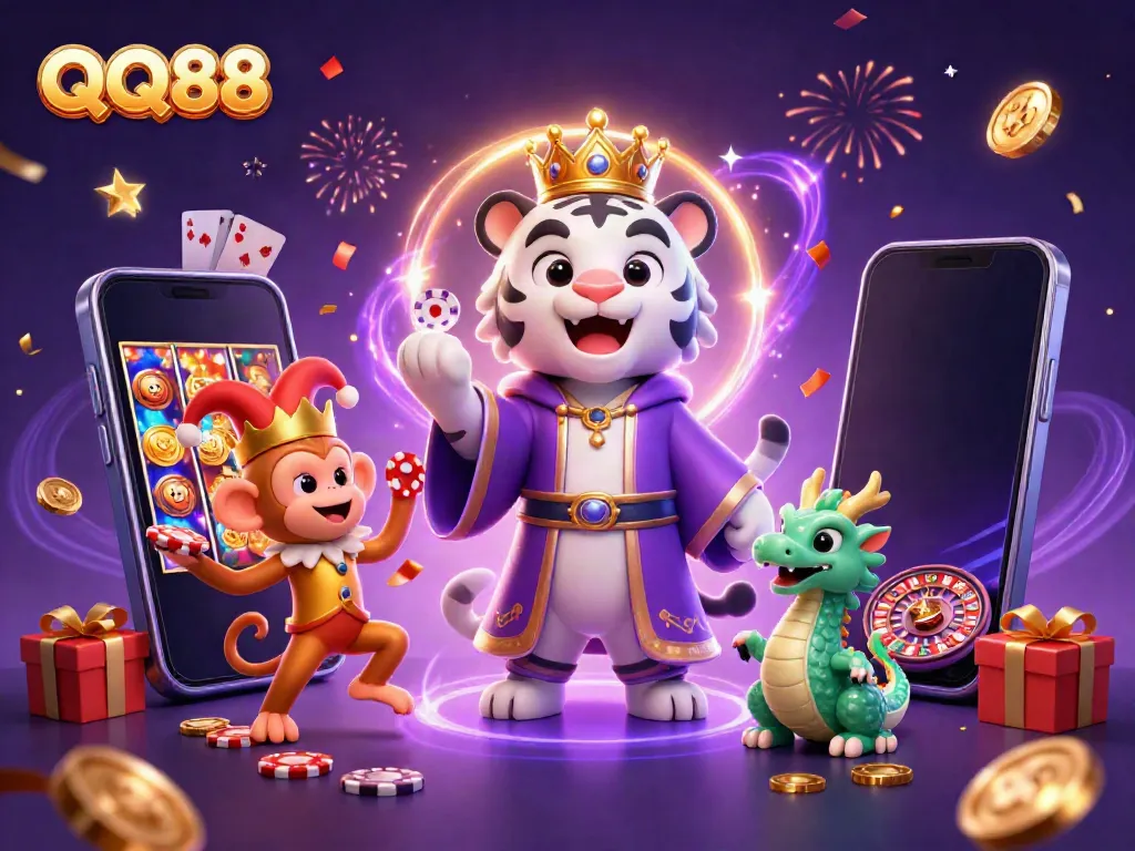 Experience the thrilling gameplay of QQ88 with a lavish scene featuring a royal tiger, monkey jester, and a magical dragon.