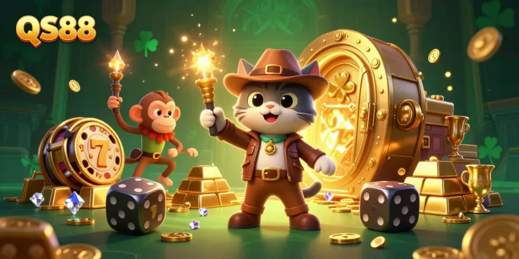 Engage with the fun of QS88 as a cartoon archaeologist cat uncovers golden casino treasures in a temple.