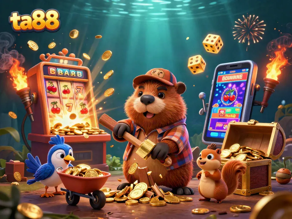 Play slots and win with ta88 while a beaver stacks coins amidst vivid casino elements.