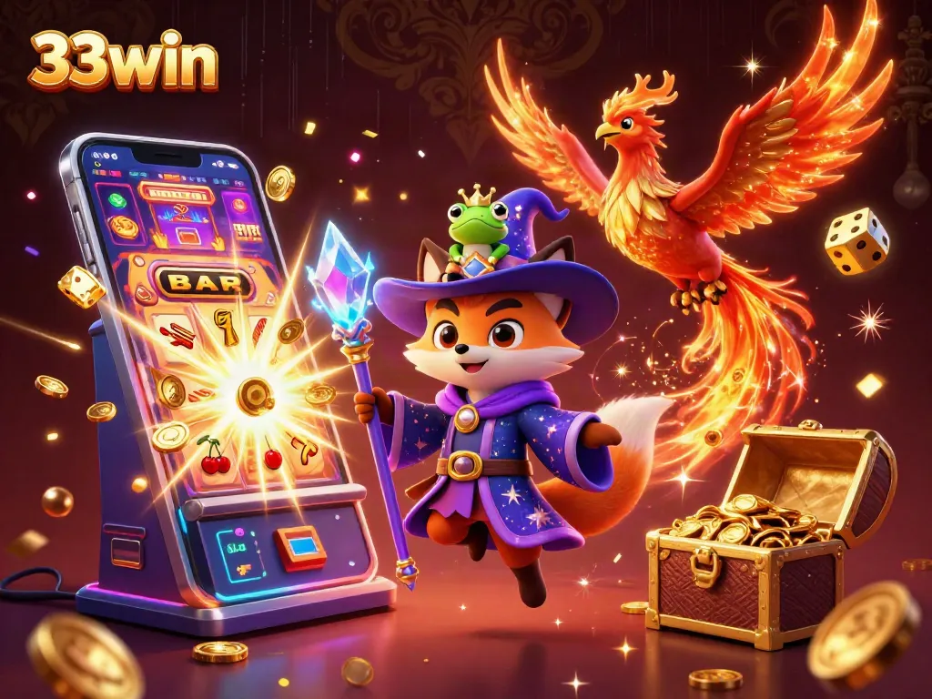 Win big with 33win at this enchanting 3D casino illustration featuring a wizard, phoenix, and treasure!