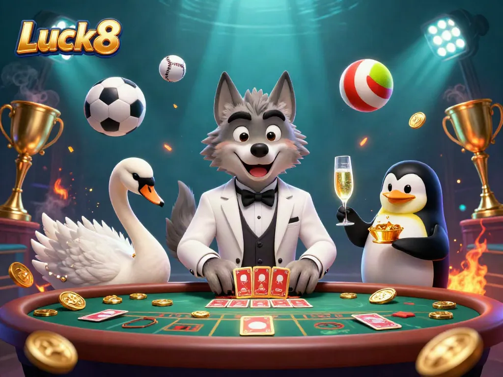 Luck8 showcases a lively baccarat scene with a debonair wolf, an elegant swan, and a penguin sommelier amidst dynamic sports elements.