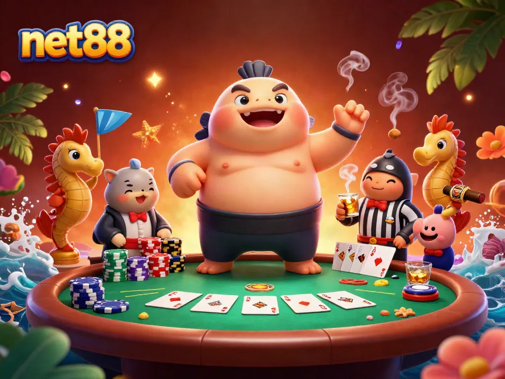 Engage in net88 betting with lively underwater poker action featuring animated fish and colorful chips.