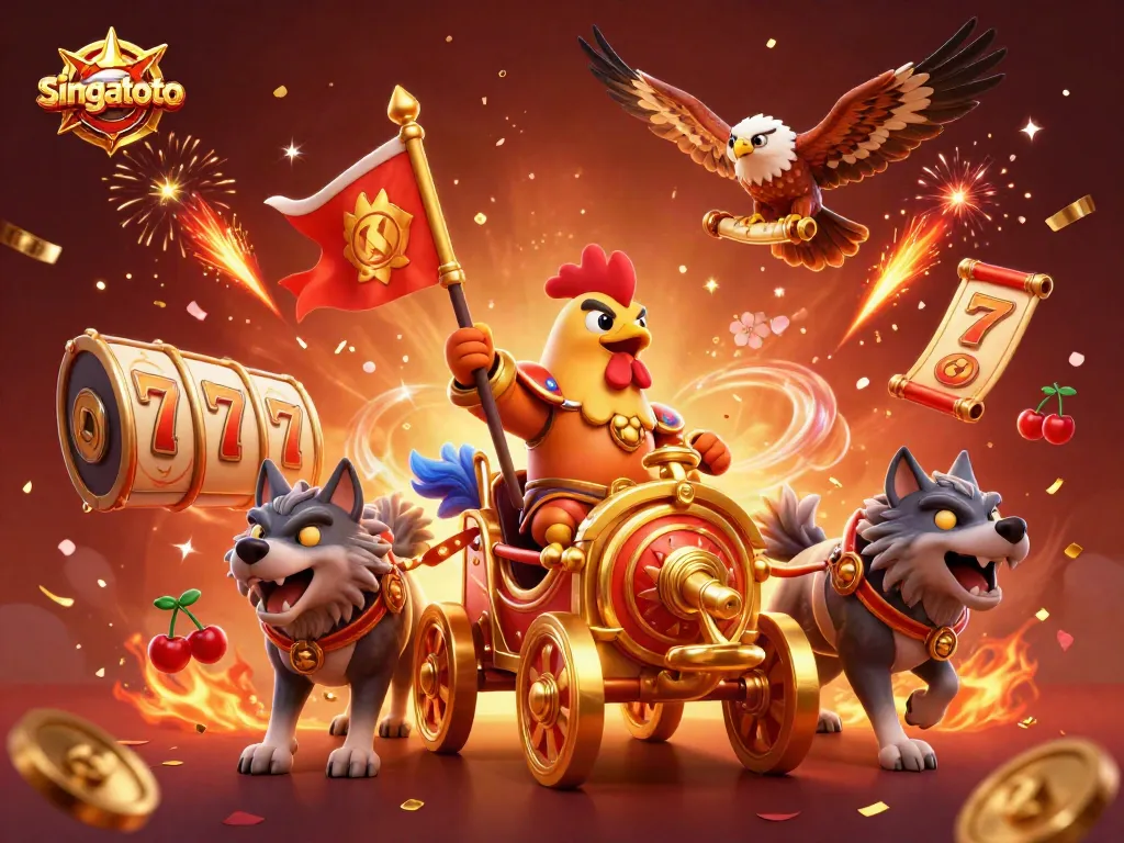 Experience thrilling adventures at singatoto with a 3D illustration of a rooster warlord and casino elements.