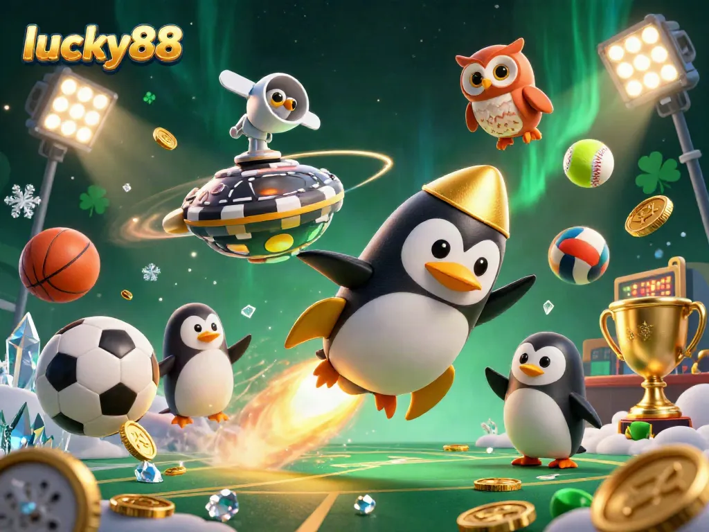 Bet on lucky88 as a golden penguin rockets to a casino space station amidst floating sports balls and coins.