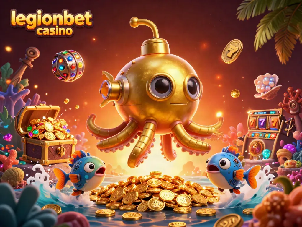 Win big at legionbet casino with vibrant slot reels and the golden kraken in a treasure-filled scene.