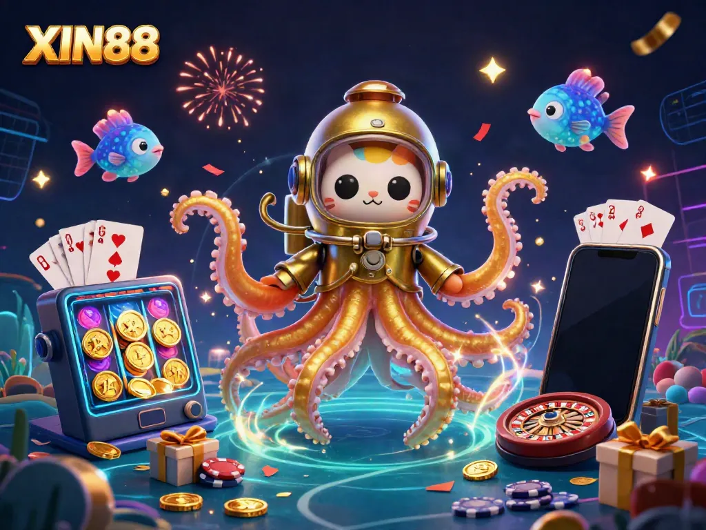 Experience the thrill of XIN88 casino with a vibrant underwater scene featuring a kraken and diving cat.