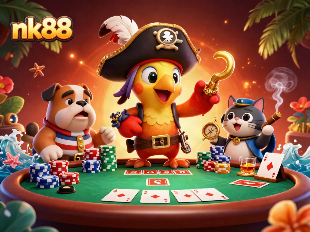 Experience thrilling gameplay at nk88 with a vibrant pirate-themed poker scene featuring exciting casino elements.