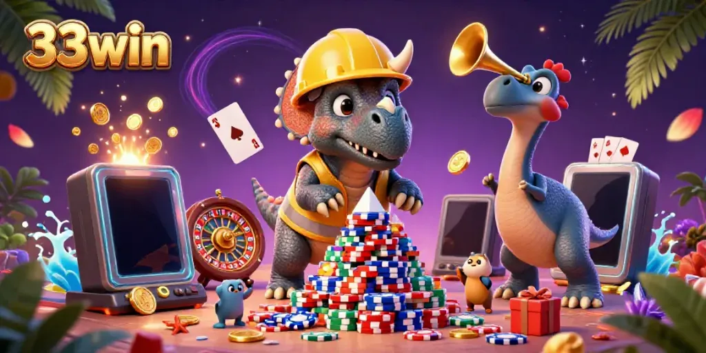 Cherish incredible wins with a dynamic 3D scene celebrating 33win gaming with cute characters and vibrant casino elements.