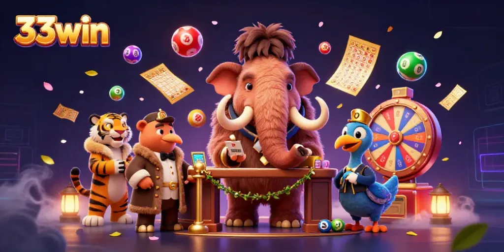 33win showcasing vibrant casino scene with mammoth bouncer, tiger VIP, and dodo doorman.