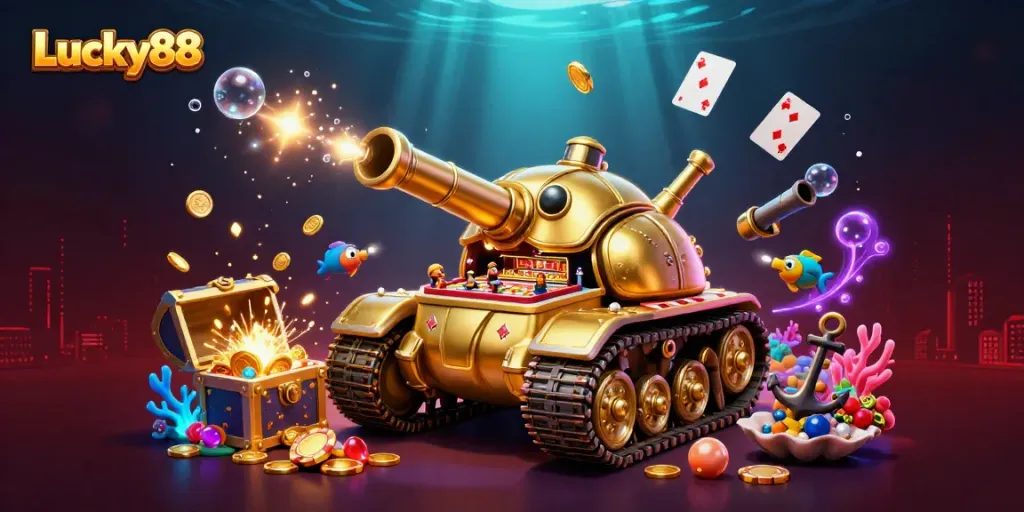 Experience the excitement of Lucky88 with a vibrant casino-themed 3D illustration featuring a golden beetle tank.