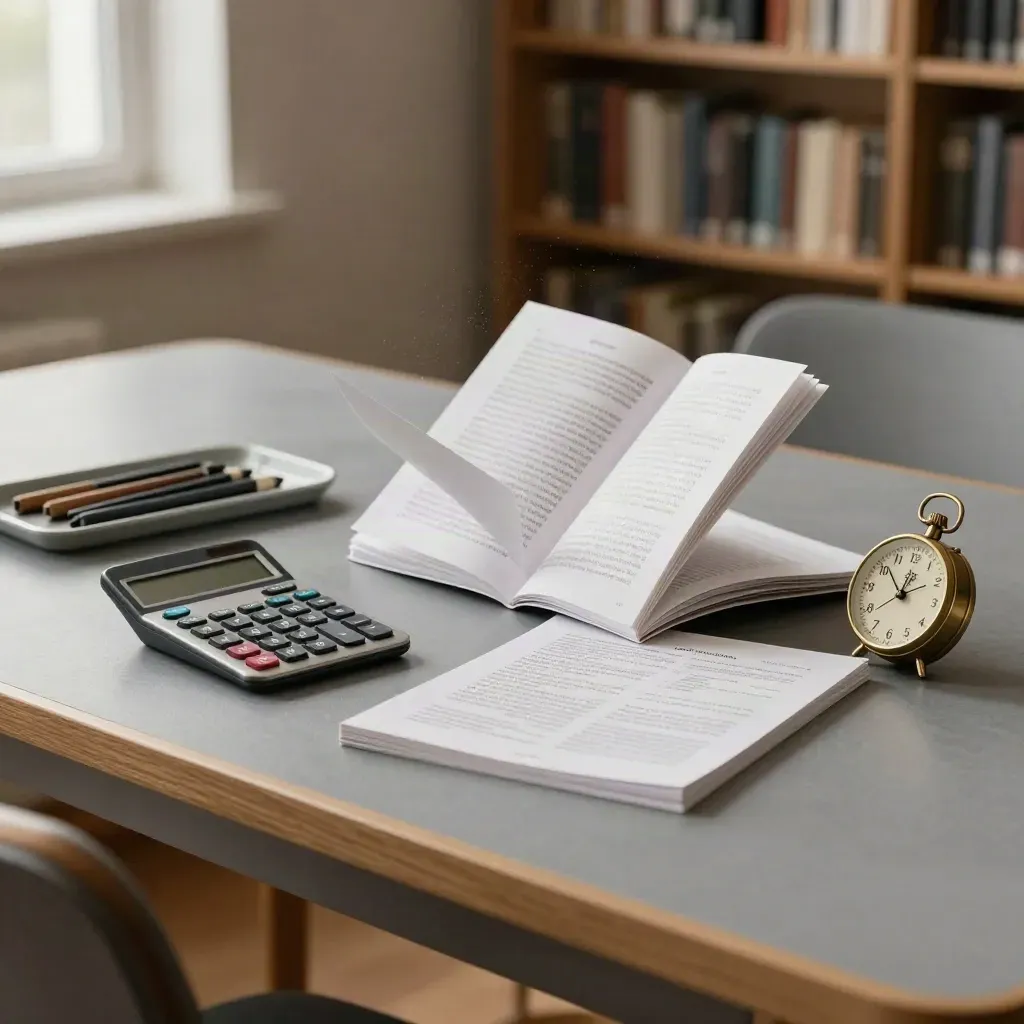 Open mock test booklet, calculator and brass timer on a library table, chair sliding back.