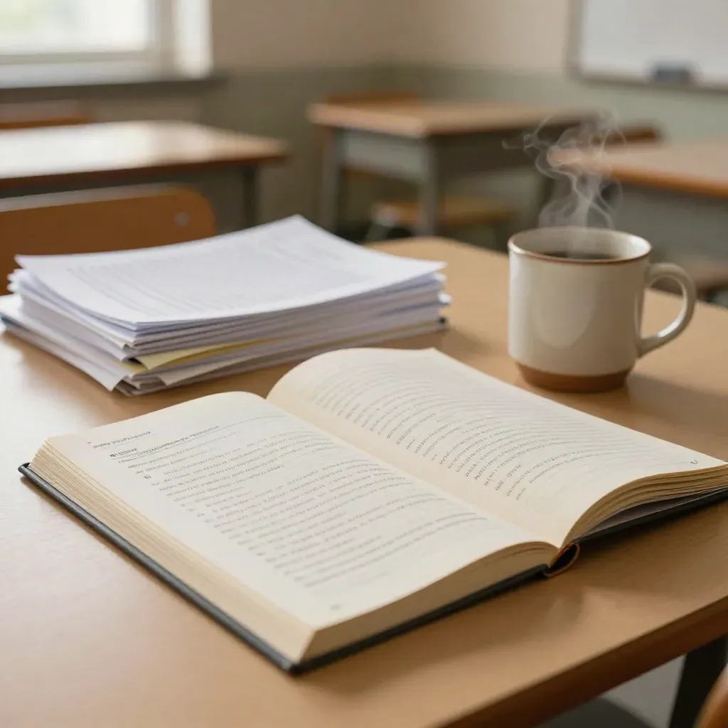 Marked accounting workbook, red review pencil, feedback stack and mug on a classroom table.