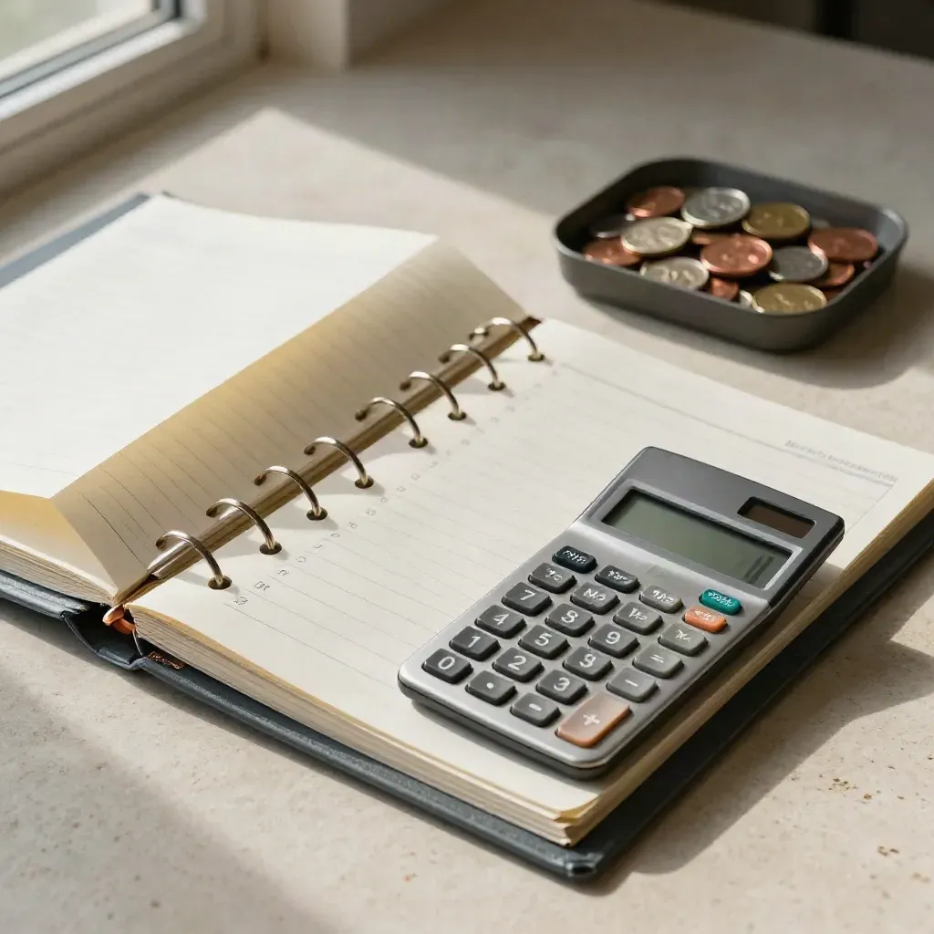 Top-down tax revision pack flatlay with binder tabs, calculator, coins and folded sheets.