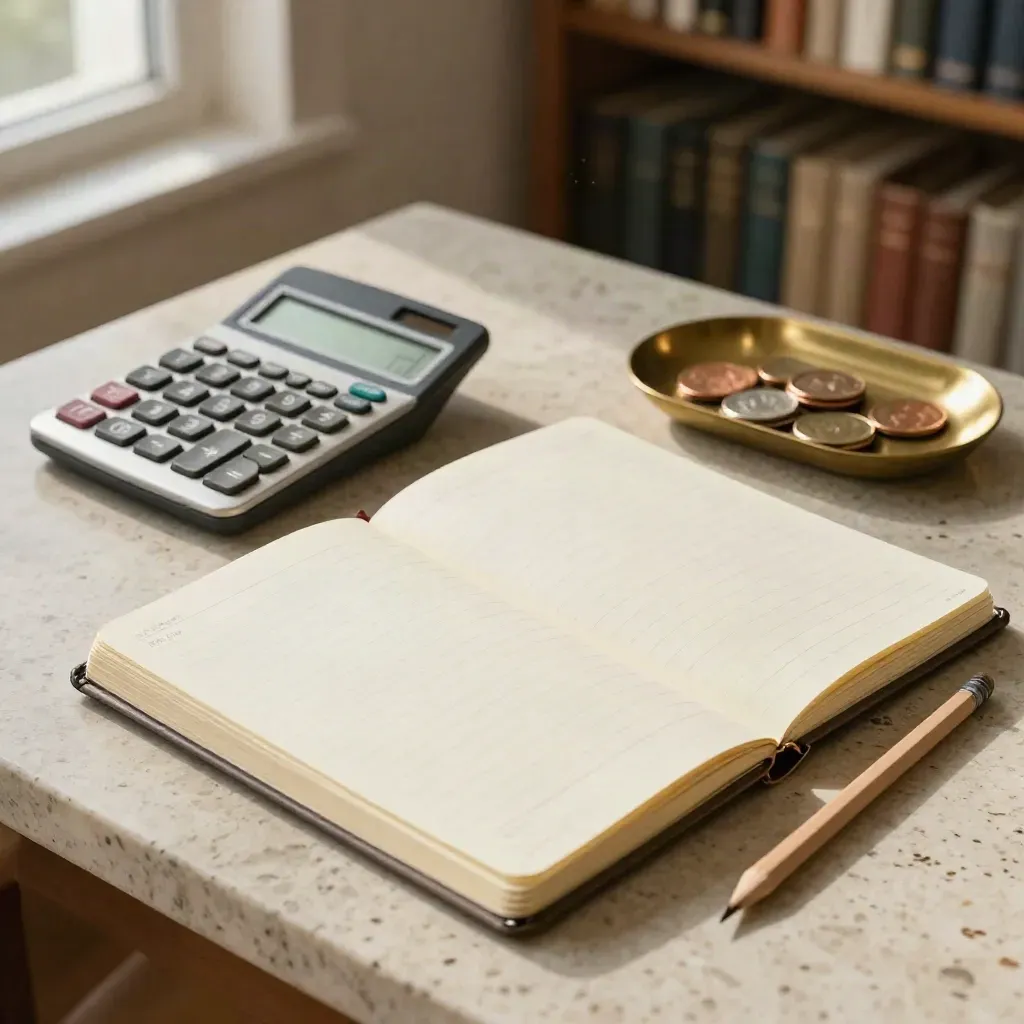 Ledger opens beside calculator and coin tray on travertine, caught mid-action.