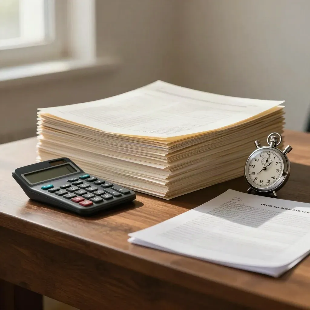 Calculator, stopwatch and folded exam papers on a walnut desk, after a timed CPA mock test.