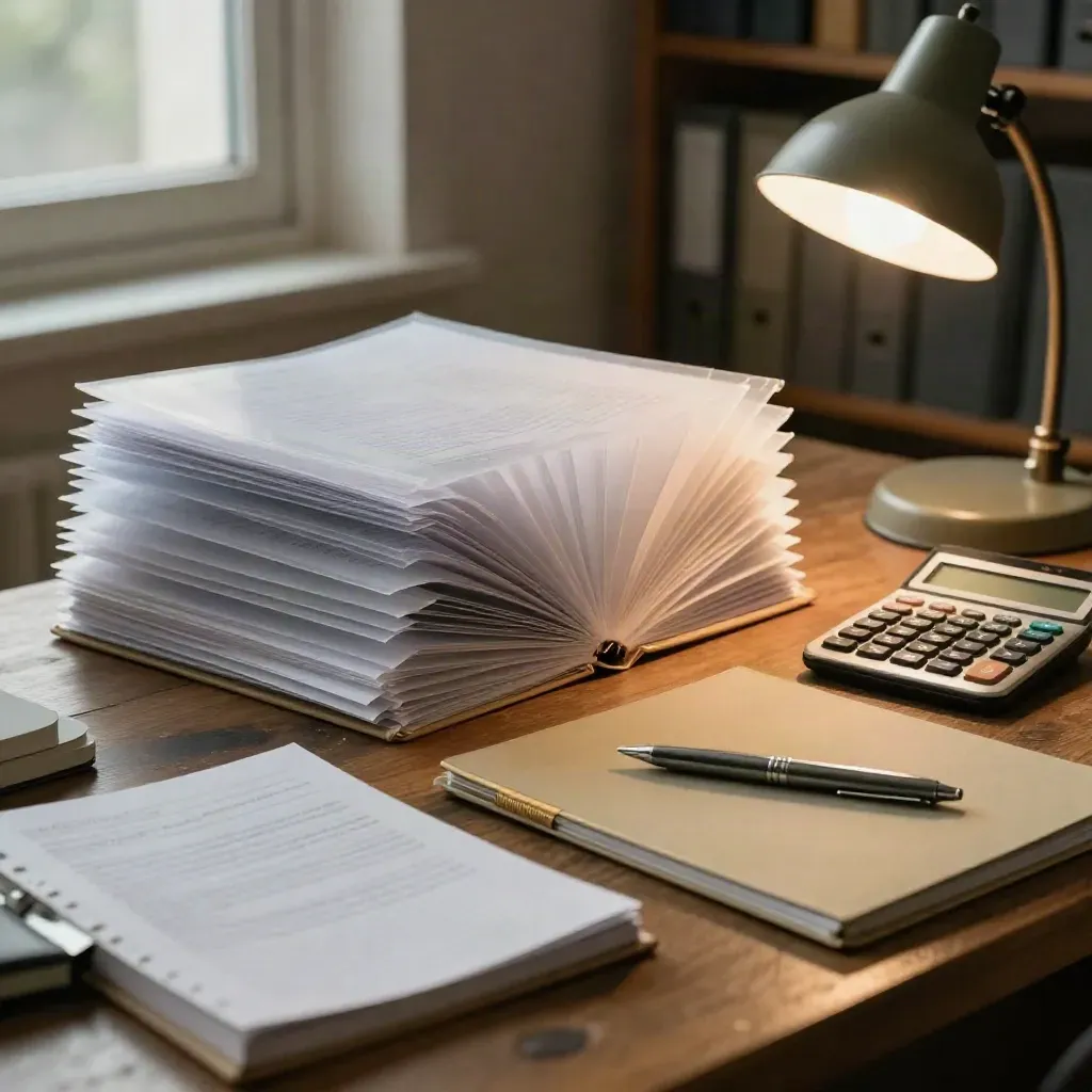 Audit file sleeves, notebook, calculator and steel pen on a warm oak desk in soft window light.