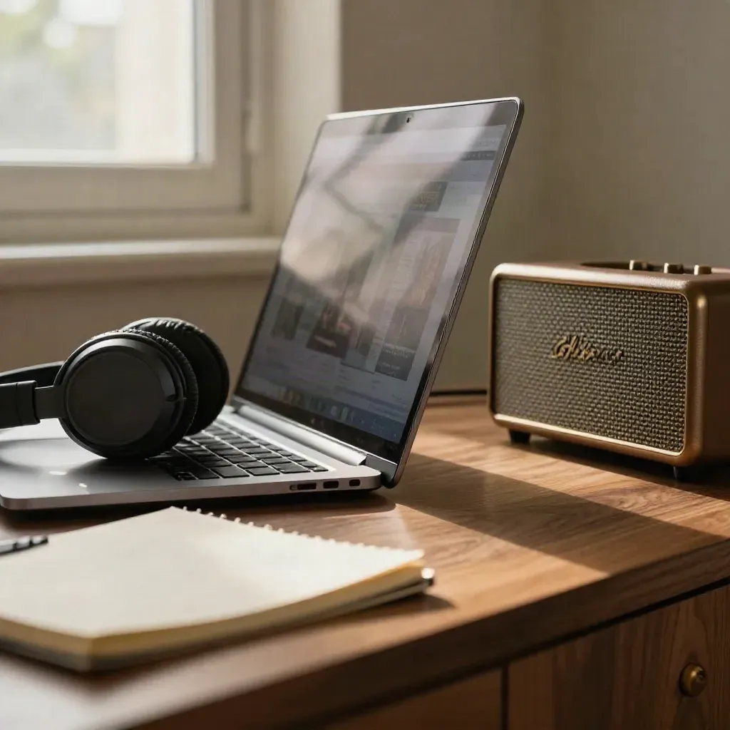 Laptop replay hub with headphones, notepad and desk speaker in warm window light.