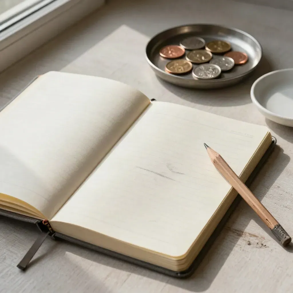 Open bookkeeping ledger with coins, pencil stub and ceramic dish on pale wood, top-down still life.