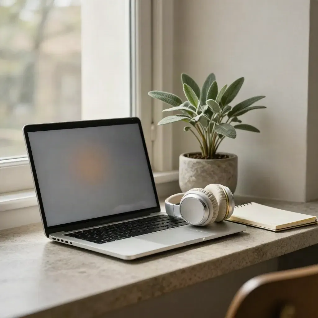 Half-open laptop, headphones, notepad and plant on a pale stone ledge in soft window light.