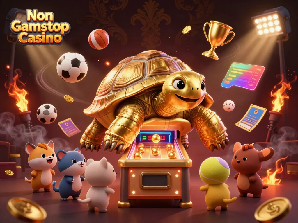 Engage in the excitement of Non Gamstop Casino with a vibrant illustration of a pinball tortoise and cheering animals.