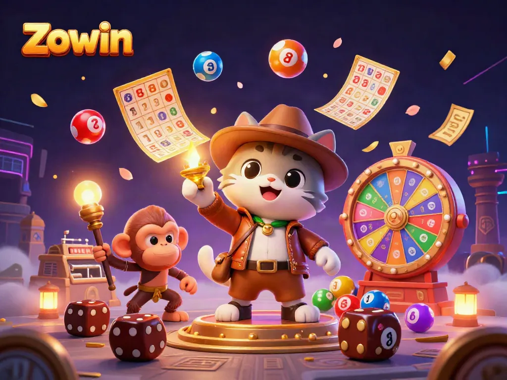 Zowin's cartoon explorer cat discovers a golden artifact in a dynamic casino atmosphere.