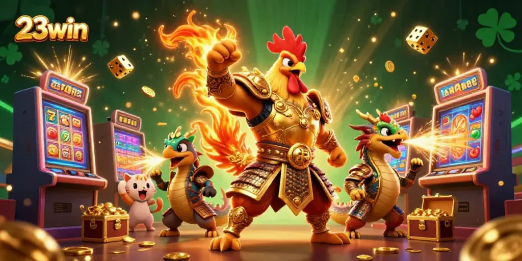 Experience thrilling jackpots with 23win in a vibrant 3D casino illustration featuring colorful characters and elements.