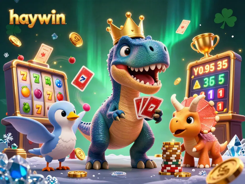Experience exciting gameplay with haywin as a T-Rex shuffles cards alongside a pterodactyl and baby triceratops in a vibrant casino.