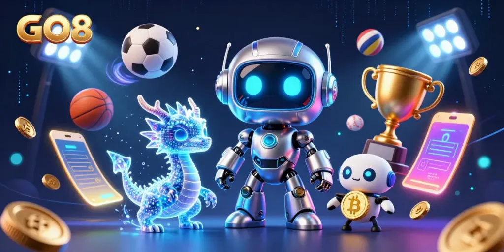 Experience the GO8 excitement with a dynamic robot mascot, AI dragon, and drone, amidst vibrant sports elements.