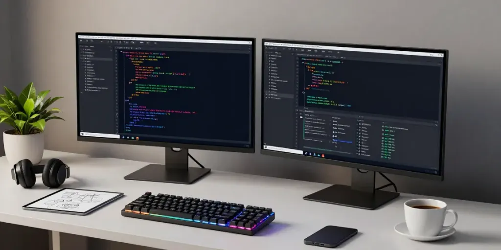 Buy .uk domain in a tech-savvy workspace with dual monitors and code development tools.