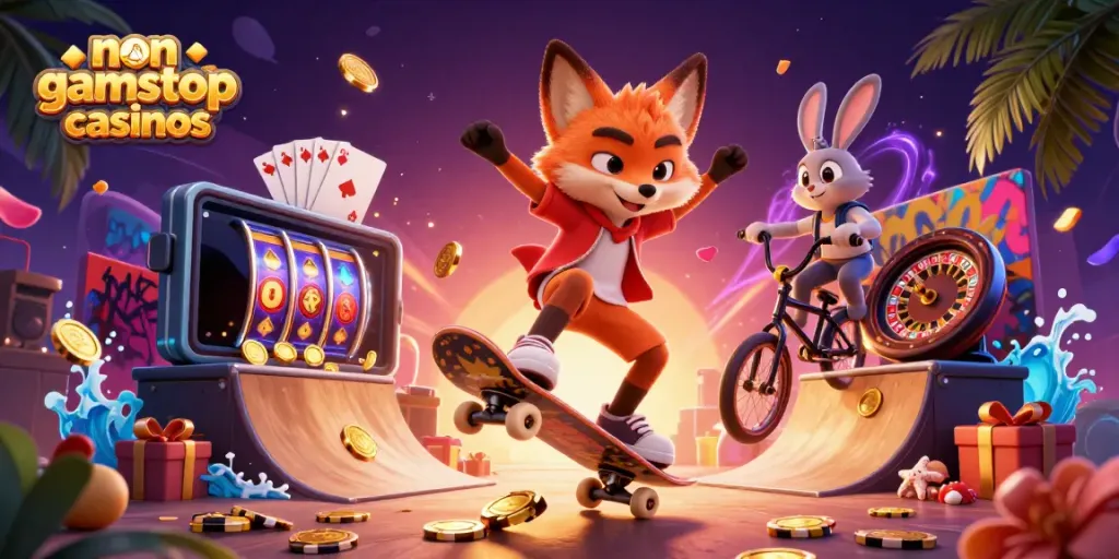 Engaging scene showcasing non gamstop casinos with 3D characters and casino elements.
