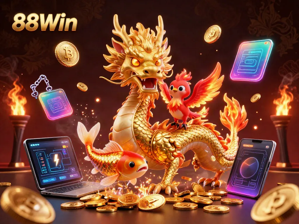 Experience exciting gaming at 88Win with a golden dragon, phoenix, and koi amidst vibrant crypto elements and gold coins.