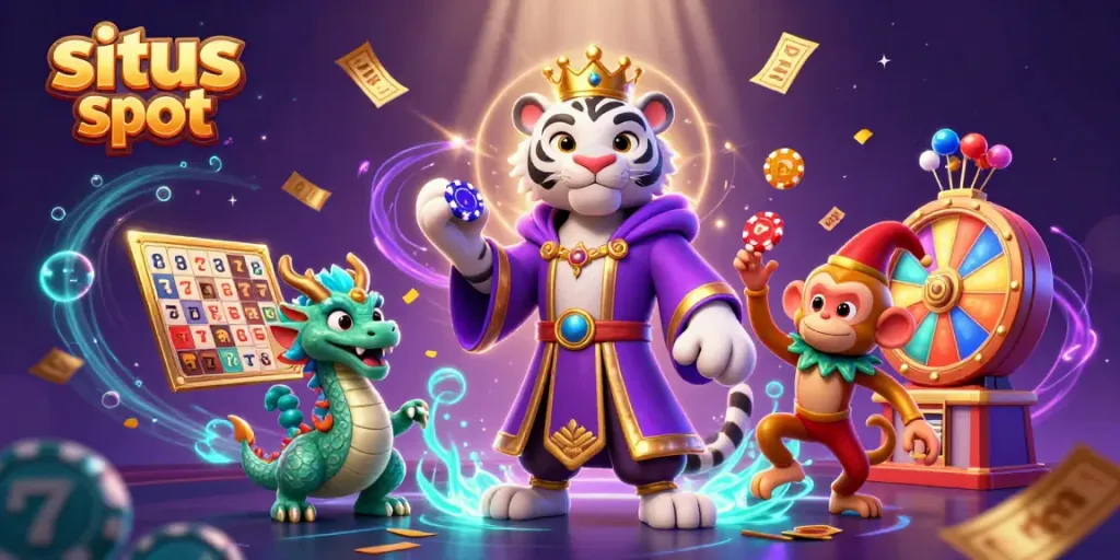 Experience the thrill of situs slot with vibrant characters, slot reels, and a cascading money effect.
